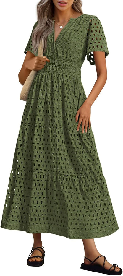 NEW 🔥Womens 2025 Summer Maxi Dress Short Sleeve V Neck Hollow Out Eyelet A Line Dresses