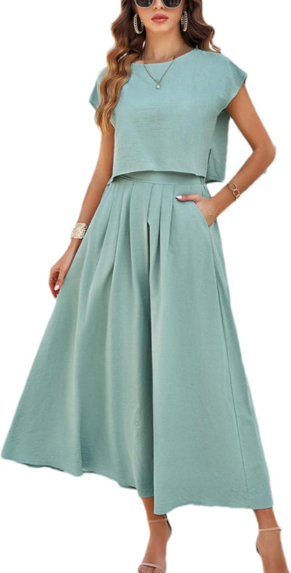 2025 Summer Skirt Sets Women 2 Piece Outfits Cap Sleeve Top Elastic Waist Maxi Dress Sets with Pockets