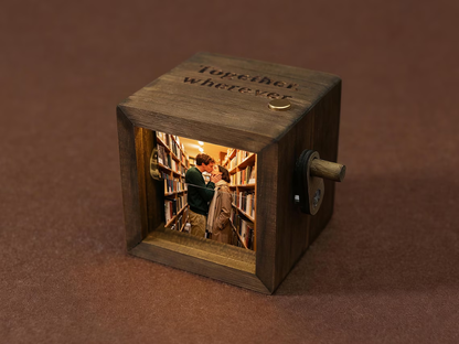 💕Personalized Hand-Crank Photo Flip Box — Custom Wooden LED Photo Album