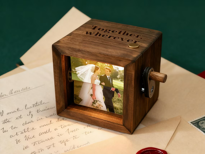 💕Personalized Hand-Crank Photo Flip Box — Custom Wooden LED Photo Album