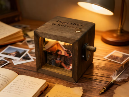 💕Personalized Hand-Crank Photo Flip Box — Custom Wooden LED Photo Album