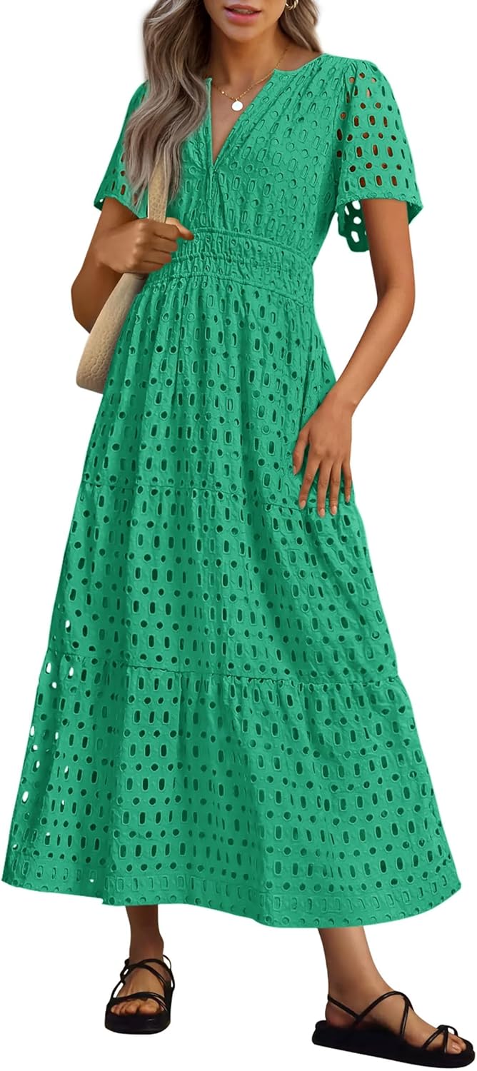 NEW 🔥Womens 2025 Summer Maxi Dress Short Sleeve V Neck Hollow Out Eyelet A Line Dresses