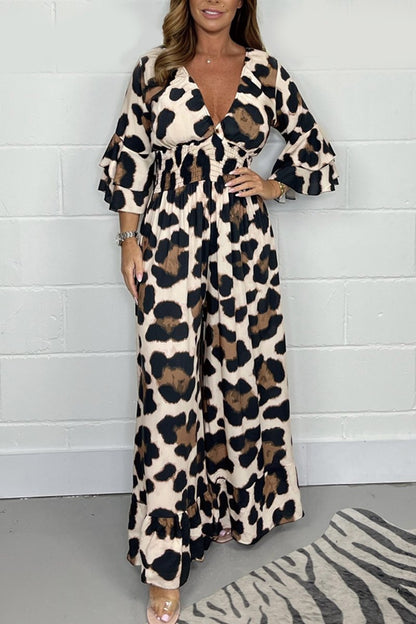 Hot Sale🔥 Women's Leopard Print Elastic Waist Casual Wide Leg Jumpsuit