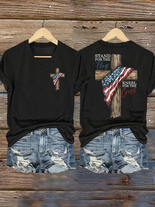 Women's Stand For The Flag Kneel For The Cross Printed Casual V-Neck T-Shirt