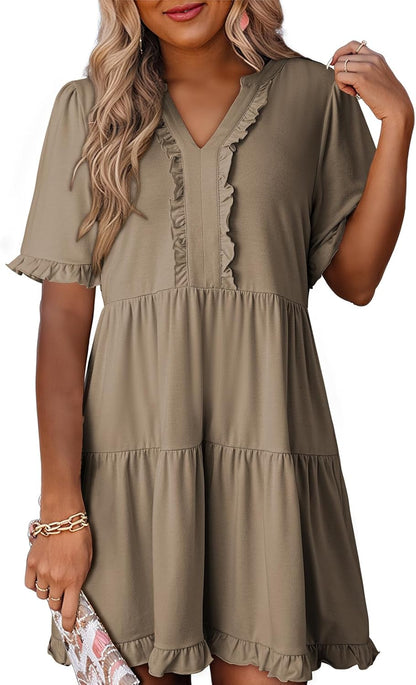 Womens Dresses 2025 Summer Spring V Neck Short Sleeve Casual A Line Flowy Swing Shift Dress Mini Dress
