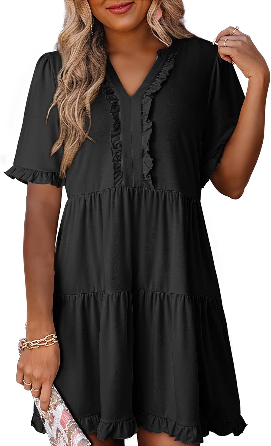 Womens Dresses 2025 Summer Spring V Neck Short Sleeve Casual A Line Flowy Swing Shift Dress Mini Dress