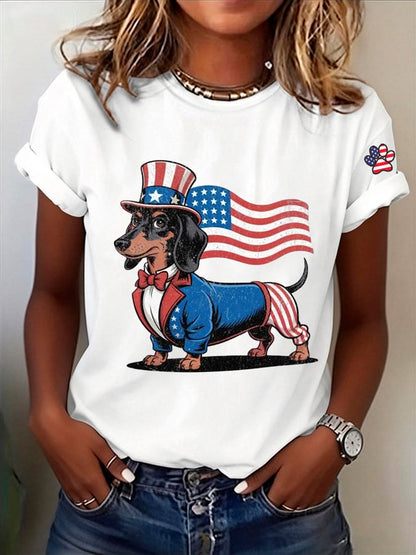 Women's Patriotic Dog Lover Printed Casual T-Shirt