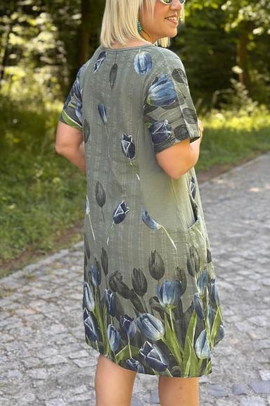 CLEARANCE🔥Women's Round Neck Pocket Tulip Pattern Cotton and Linen Dress