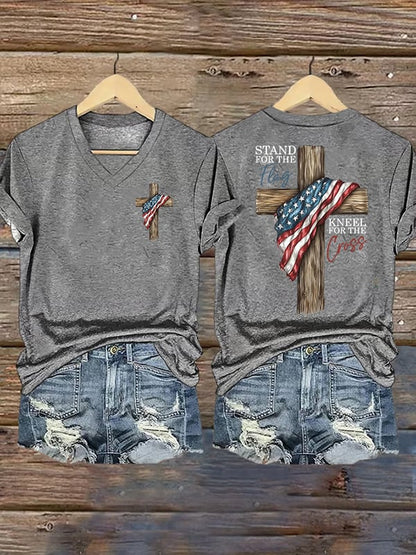 Women's Stand For The Flag Kneel For The Cross Printed Casual V-Neck T-Shirt