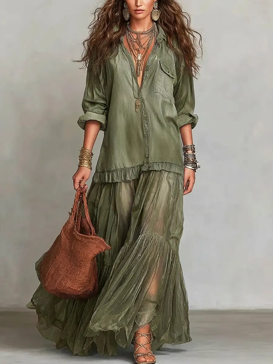 New Arrivals🔥 Women's Retro Lapel Denim Organza Patchwork Art Casual Maxi Dress