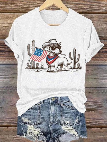 Women's Patriotic Dog Lover Printed Casual T-Shirt
