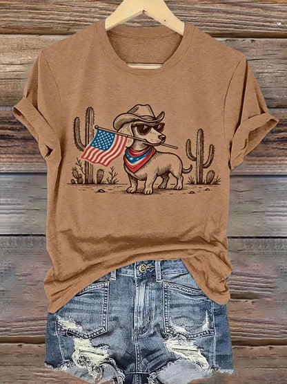Women's Patriotic Dog Lover Printed Casual T-Shirt